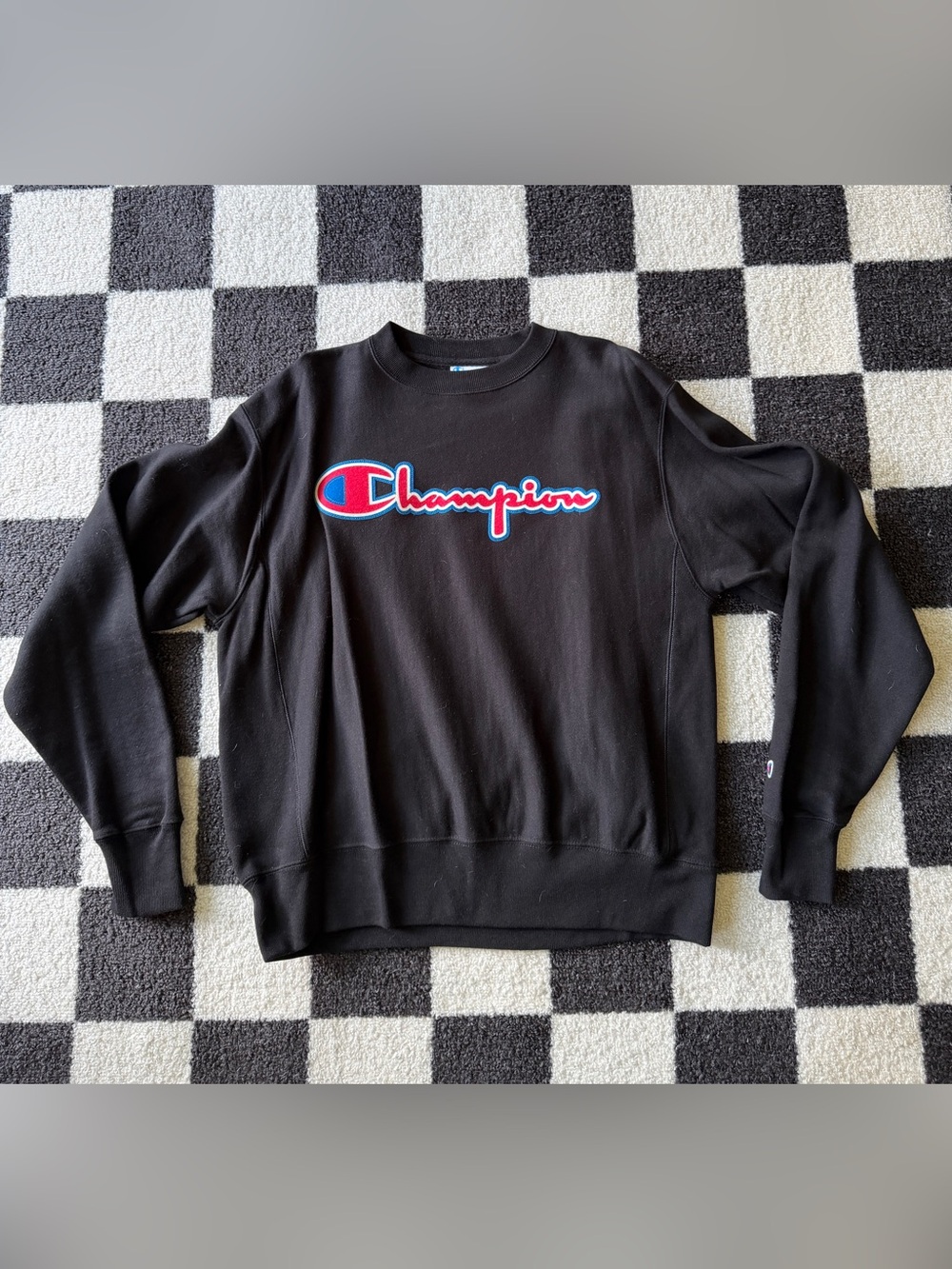 Champion Black Crewneck with Red & Blue Logo